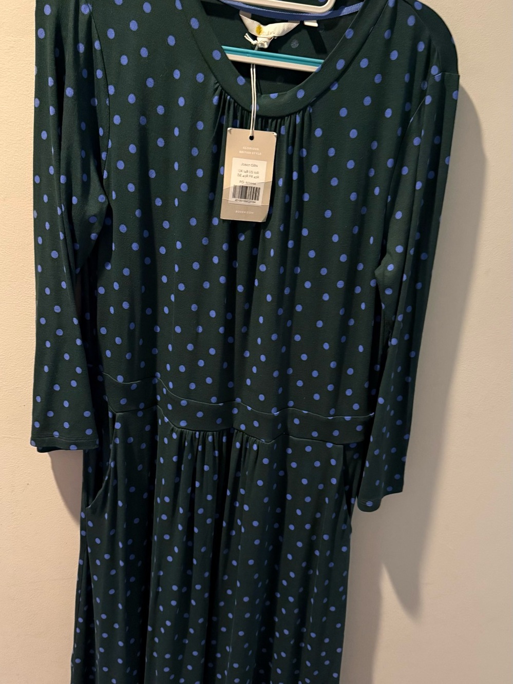 Boden Polka Dot Long Sleeve Green Dress with Blue Dots